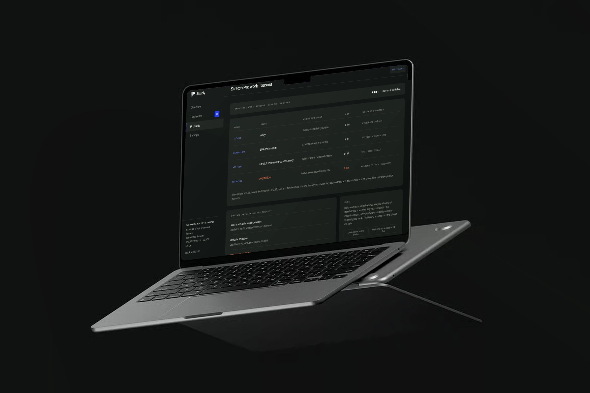 A product screen on a laptop: per field the value, where we read it and the confidence.