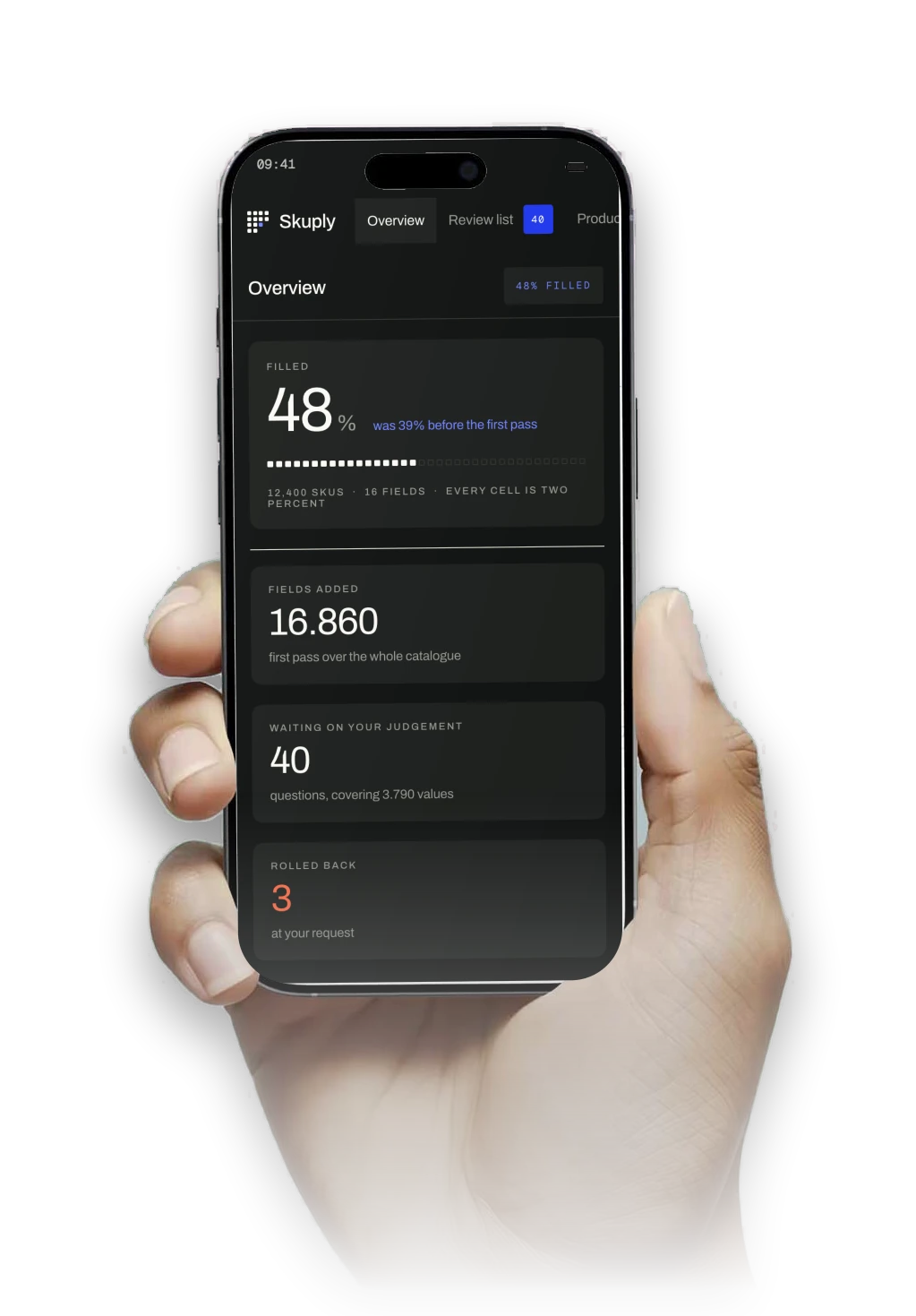 The overview on a phone: how much is filled, fields added, waiting on judgement and rolled back.