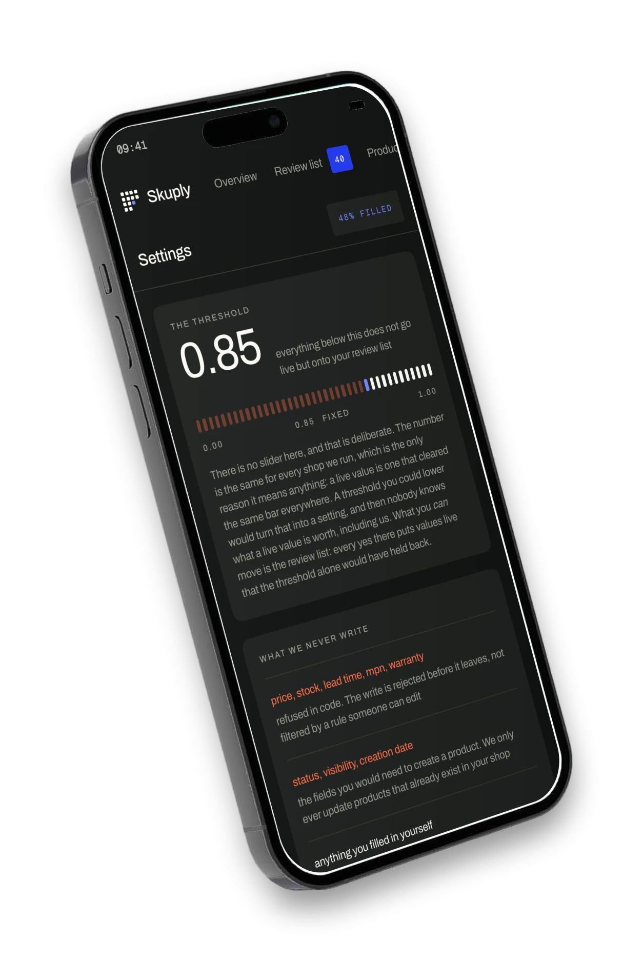 The settings screen on a phone: the threshold at 0.85, and the list of what we never write.